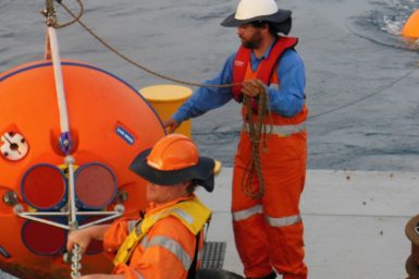 Danny McLaughlan and Jamie Derrick launching a mooring onboard Southern Surveyor.