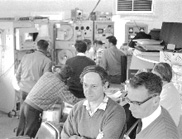 Chief of the CSIRO Radiophysics Division, Dr Edward 'Taffy' Bowen (right), with Dr John Shimmins, deputy director of Parkes Observatory, in the control room watching the moonwalk (21 July 1969).