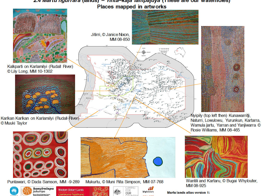 An excerpt from a report showing various artworks and a map