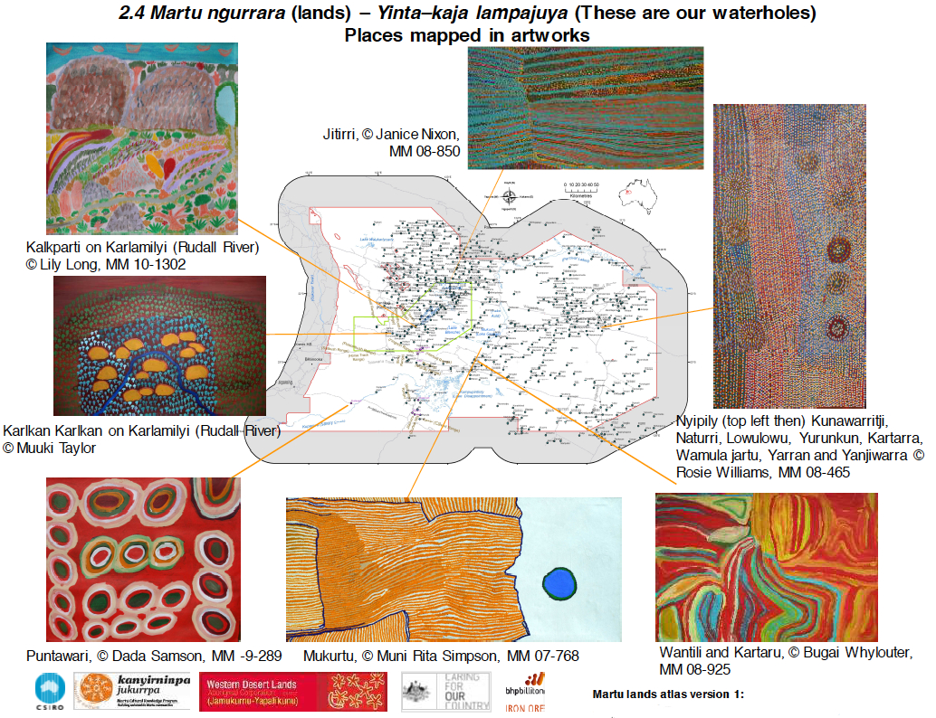 An excerpt from a report showing various artworks and a map