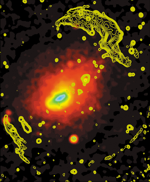 Coloured image of the galaxy cluster with arcs around it.