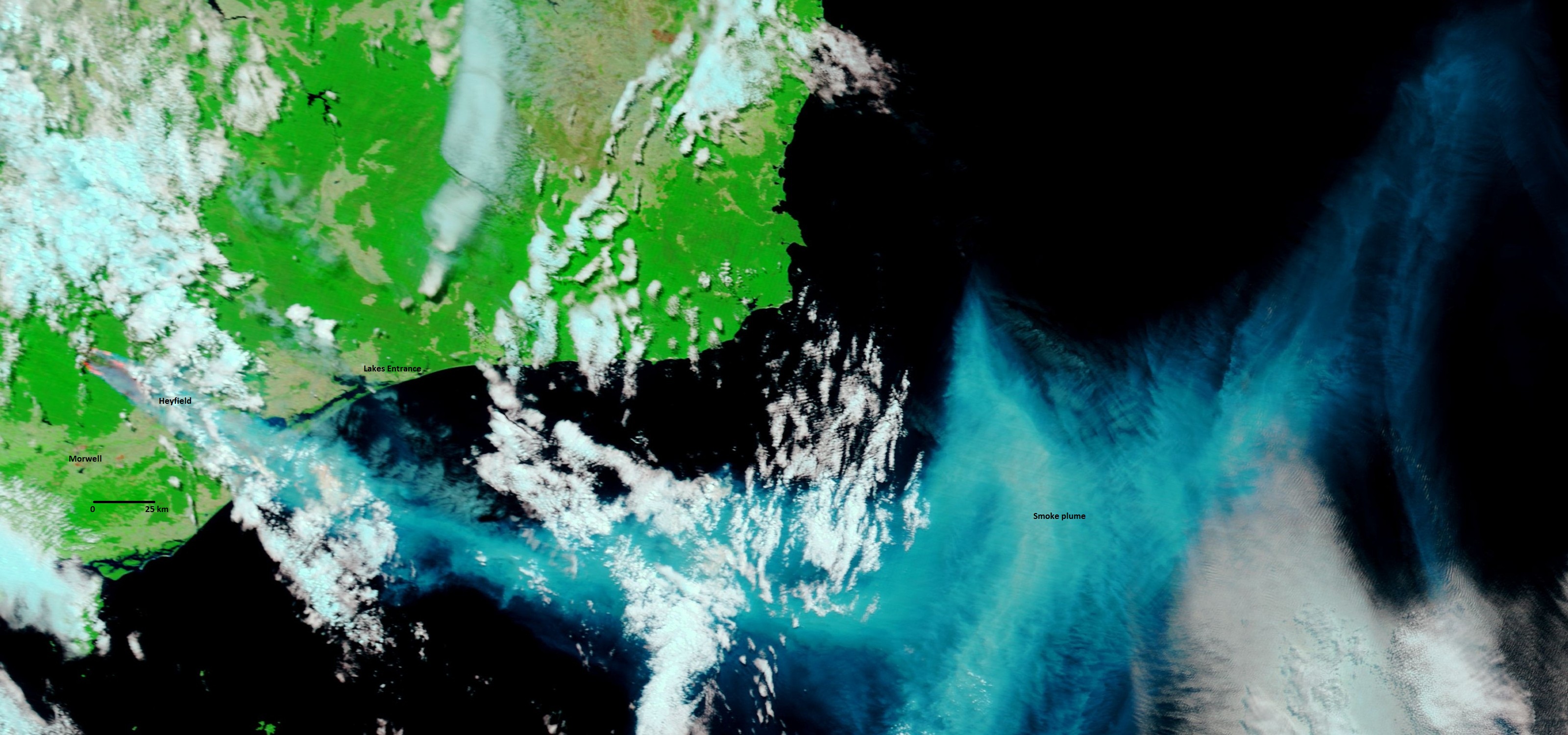 Satellite image looking down on Gippsland showing smoke plume
