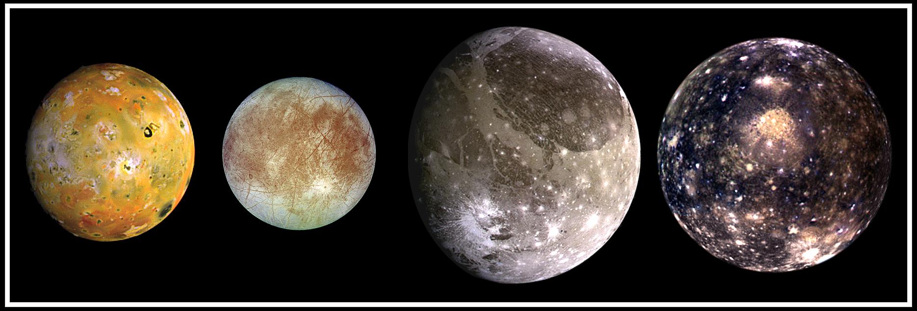 The four largest moons of Jupiter: Io, Europa, Ganymede and Callisto.