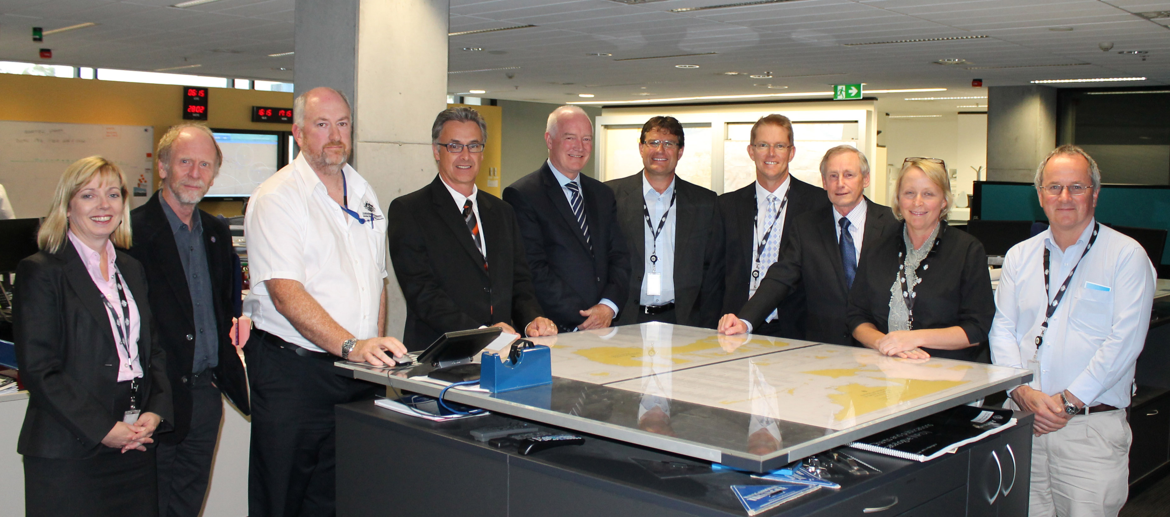 (l to r) Toni Moate, Professor Richard Arculus, Scott Constable, Rescue Coordination Centre Chief-AMSA, Professor Craig Johnson, Graham Peachey, Ron Plaschke, Greg Paten, John Young, General Manager, Emergency Response Division-AMSA, Linda Gaskell and Leigh Walters