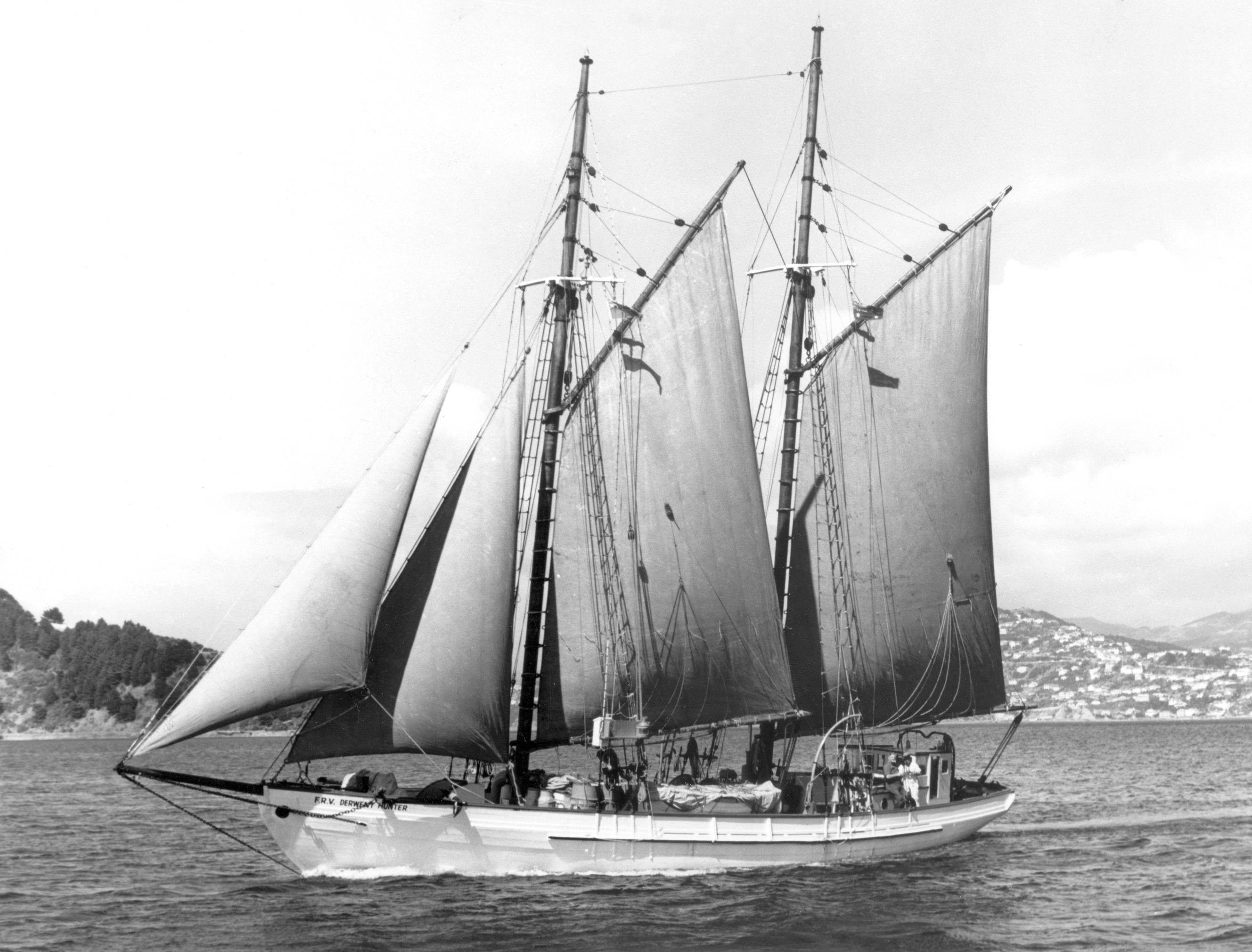 The majestic FRV Derwent Hunter. Rigged as a schooner, it measured 72ft, had a 72HP diesel engine and distinctive red sails.