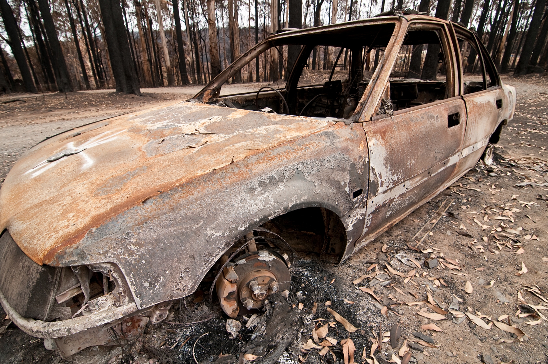 A burnt-out car at Kinglake after the 'Black Saturday' bushfires. Image: CSIRO