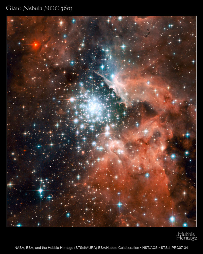 A cluster of bright stars surrounded by pink clouds of gas.