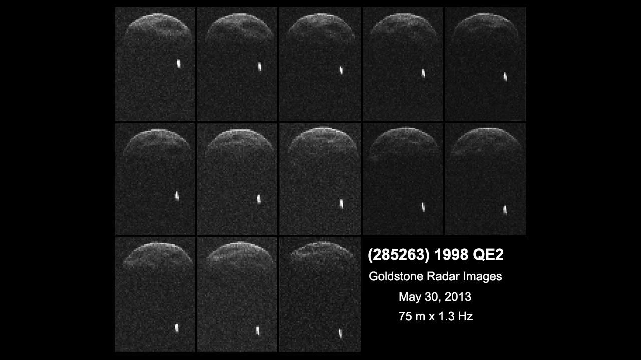 First radar images of asteroid 1998 QE2 were obtained when the asteroid was about 6 million kilometres from Earth. The small white dot at lower right is the moon, or satellite, orbiting asteroid 1998 QE2. Image credit: NASA/JPL-Caltech/GSSR