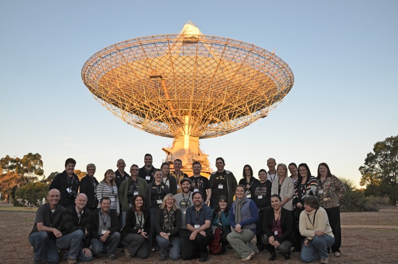 Participants from the 2013 Astronomy from the Ground Up! teacher workshop in front of the Dish at sunset.