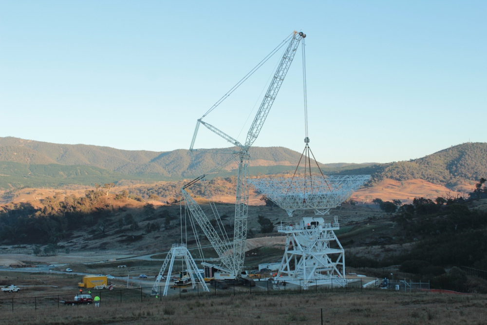 The new dish for Deep Space Station 35 is hoisted into place. Part of an expansion of the Canberra Deep Space Communication Complex, which is managed on NASA's behalf by CSIRO Astronomy and Space Science. Photo: K.McDonnell