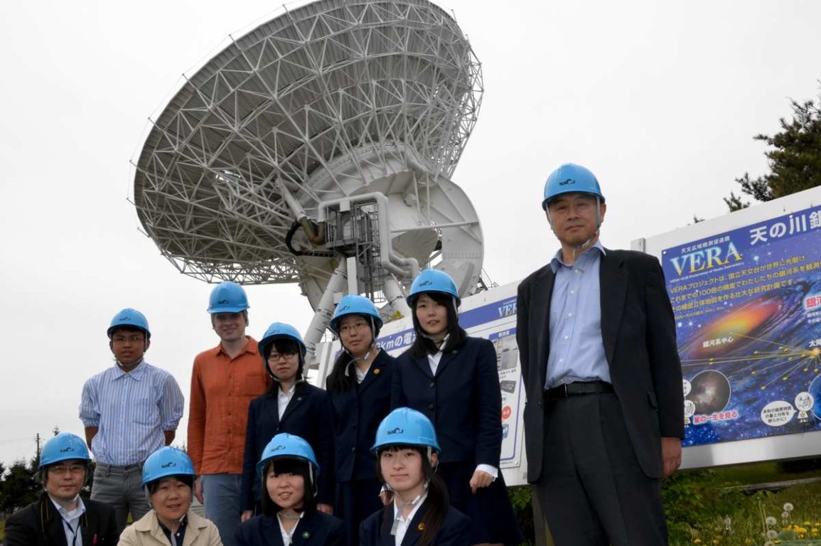 Students in front of the VERA radio telescope.