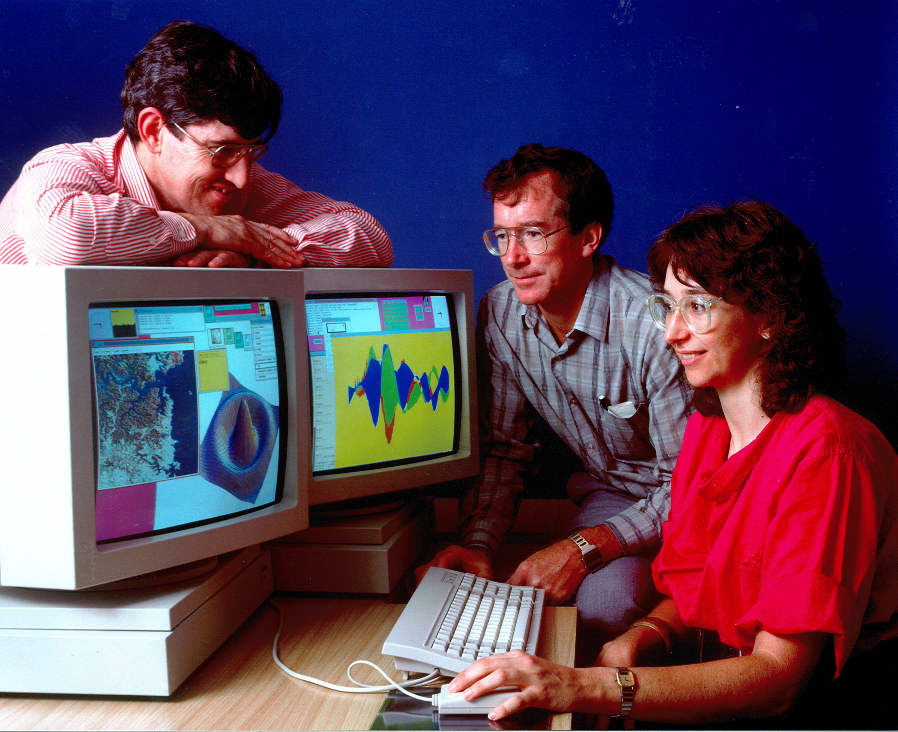 A blast from the past: Our stylish researchers from the Maths and Information Sciences team back in the 80s. Image: Computer Weekly.