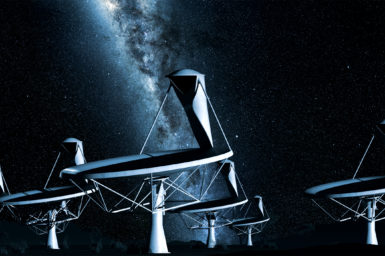 Computer-generated image of four antennas, set against the Milky Way.