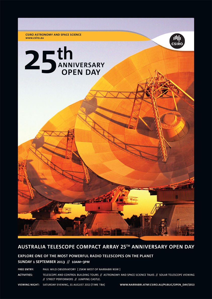 Poster for the ATCA Open Day, showing three antenna faces lit up with sunlight.