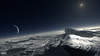 An artist's depiction of Charon, as seen from the surface of Pluto. In the distance is our Sun. Credit: ESO