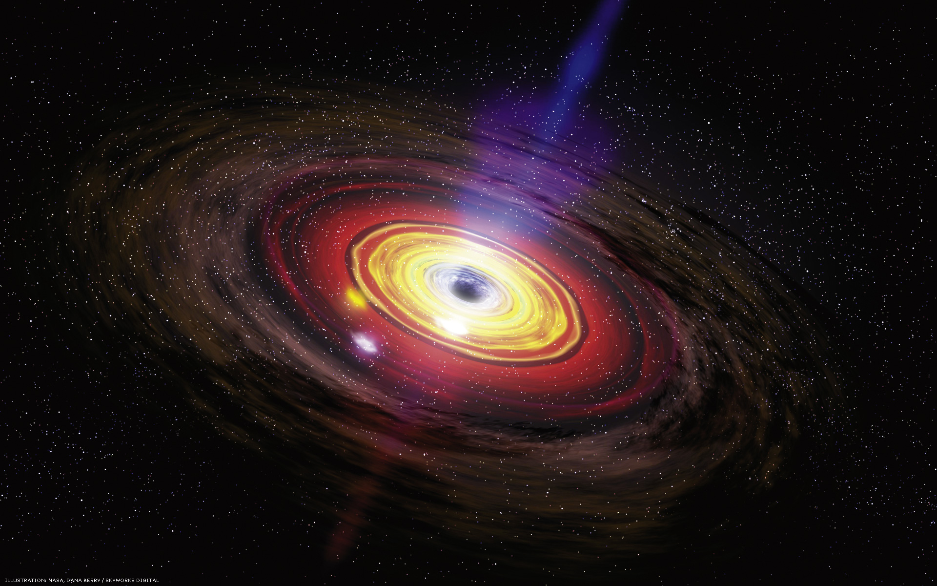 A flat, brightly coloured disk with a blue jet emerging from its centre.
