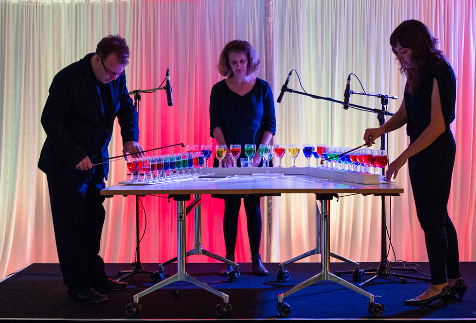 Performance still of ‘Aether’, composed by Amanda Cole and performed by Joshua Hill, Amanda Cole and Bree Van Reyk as part of ArtBar at the MCA, Sydney.  Photograph: Michael Wholley