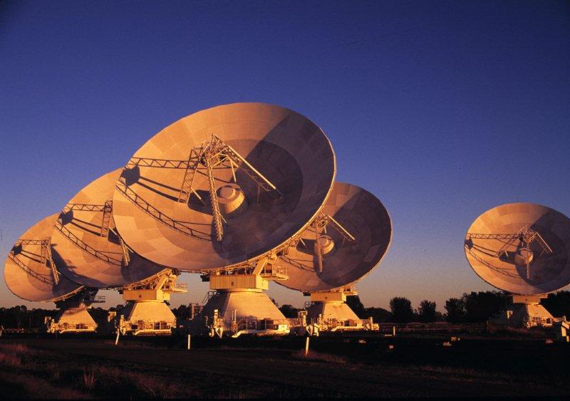 The dishes of the Australia Telescope Compact Array move in sync to track distant celestial objects. The observatory is located 25kms west of the NSW rural town of Narrabri.