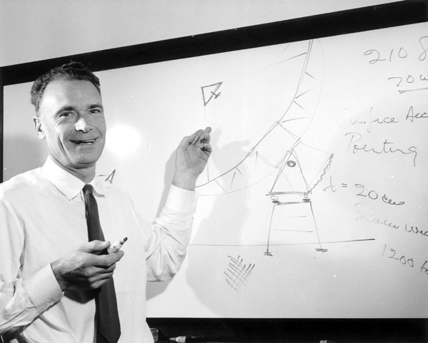 A man at a whiteboard, drawing a picture of the Parkes telescope