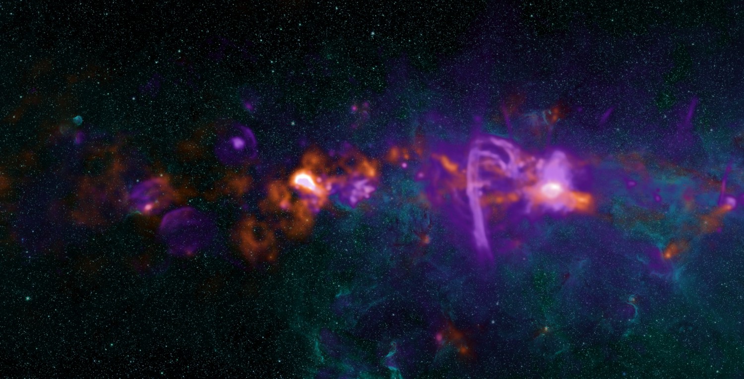 The centre of our galaxy: a gigantic brewery. Composite image (radio, infrared, submillimetre) by Adam Ginsberg (U. Colorado). Used by courtesy of NRAO/AUI