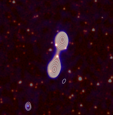 An example of a Radio Galaxy Zoo composite image showing the radio jets as contours with a central core galaxy in infrared.
