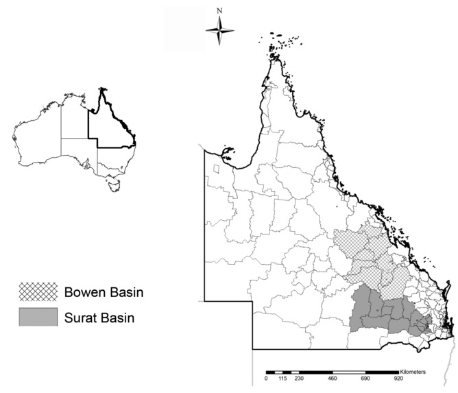 Regions in Bowen and Surat basins, Queensland. 