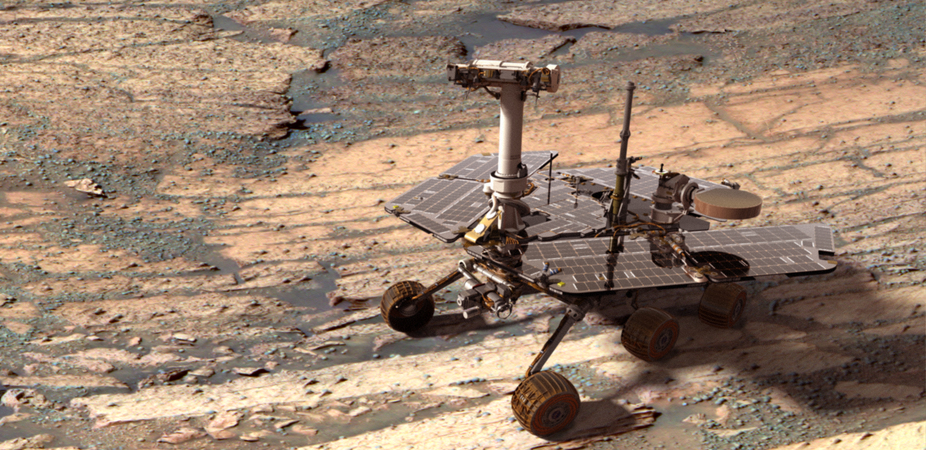 Opportunity trundles along looking for more evidence of water – and life – on Mars. Image: NASA.