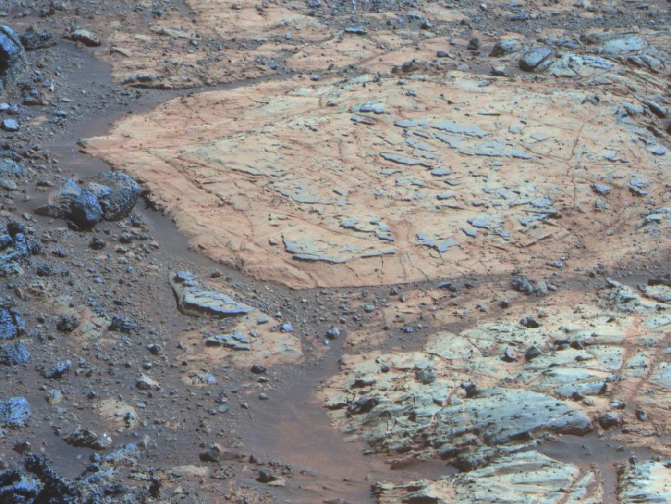 Opportunity’s view (in false-colour) of ancient mudstones on a rocky outcrop on the rim of Endeavour Crater. Chemical analysis showed that around four billion years ago this would have been the oldest, most liveable mud on Mars, containing near-fresh water. Credit: NASA/JPL/Cornell/ASU