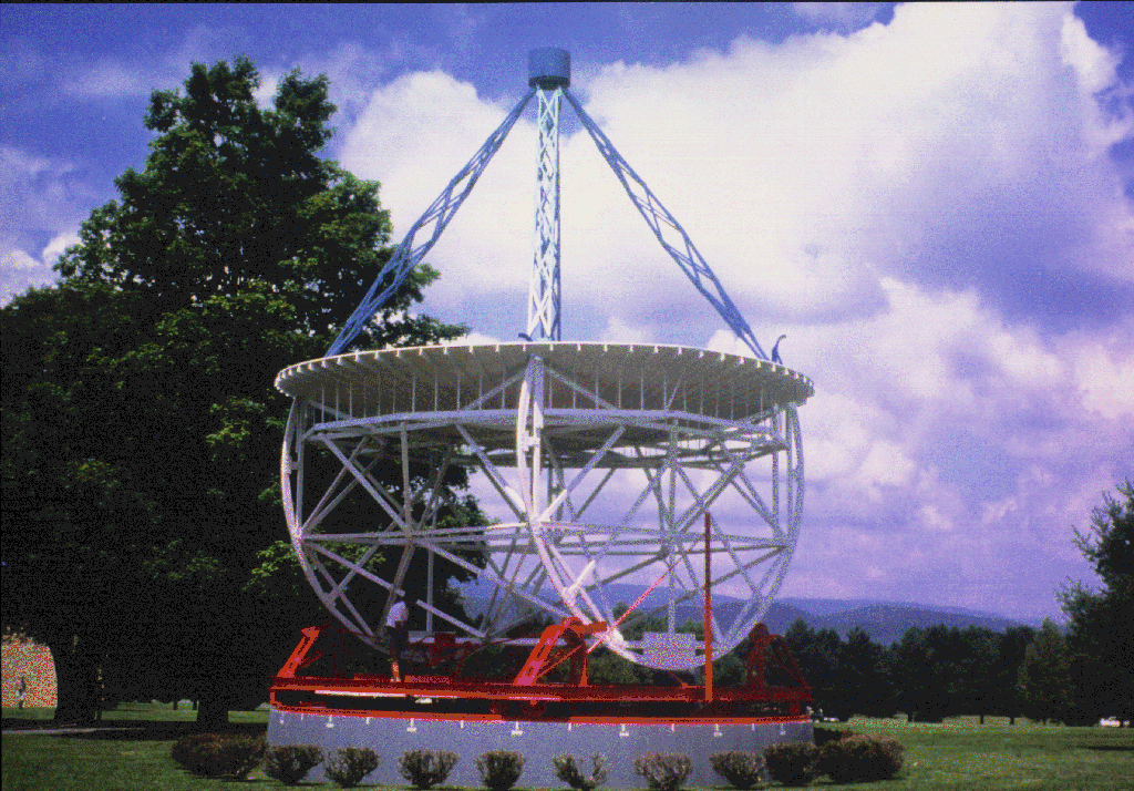 Grote Reber's original telescope, 9.6 m in diameter, re-assembled at the NRAO Green Bank Observatory in West Virginia. Reber donated the telescope to NRAO in the 1960s. Source: NRAO