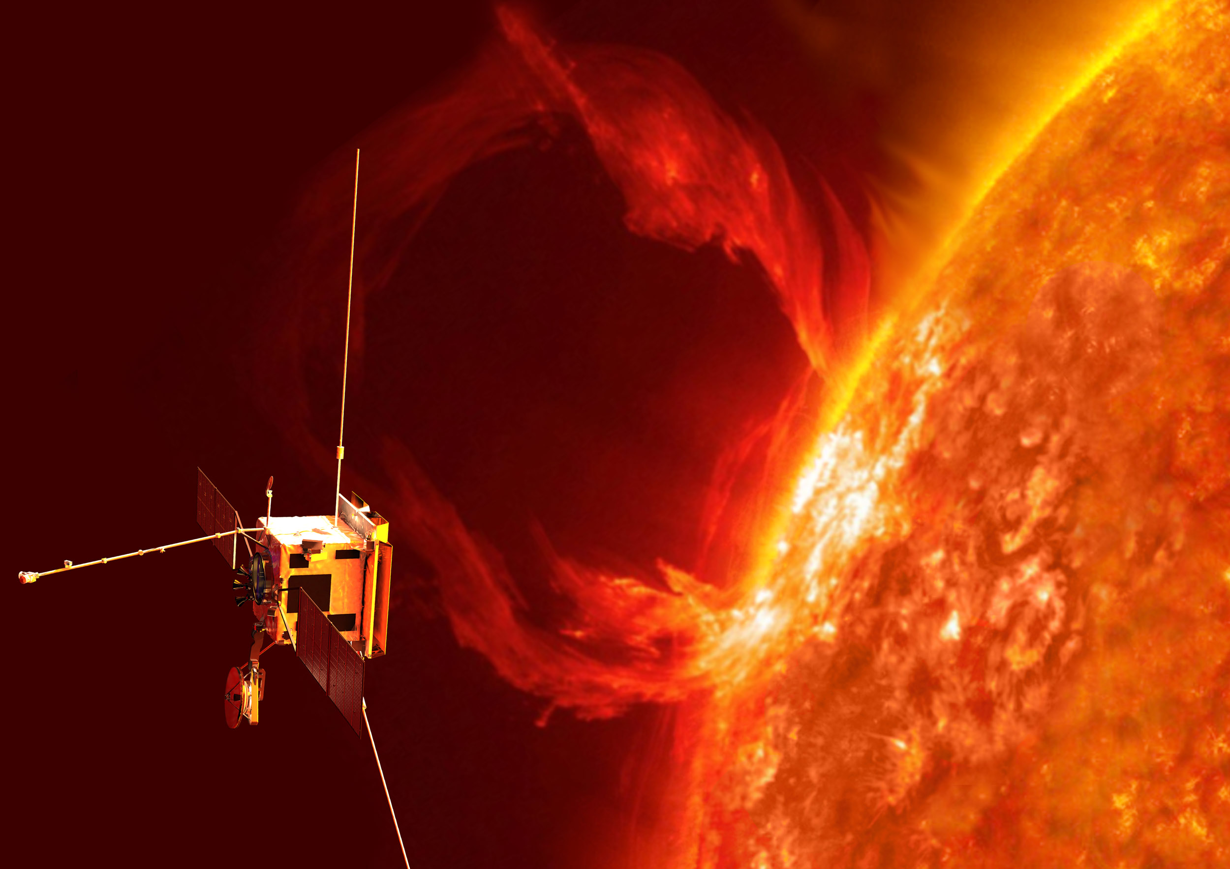 An artist's impression of the Solar Orbiter exploring the sun's realm. Image credit: ESA/AOES