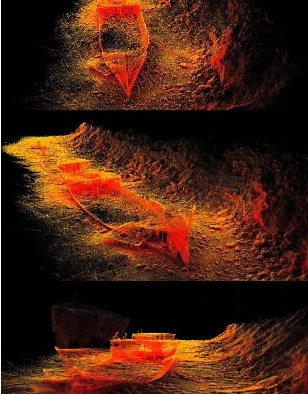3 images showing different angles of a 3D scan map of the HMQS Gayundah shipwreck.