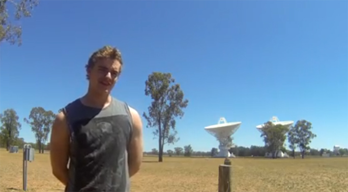 Summer vacation student Gabriel Murphy at the Australia Telescope Compact Array in Narrabri.