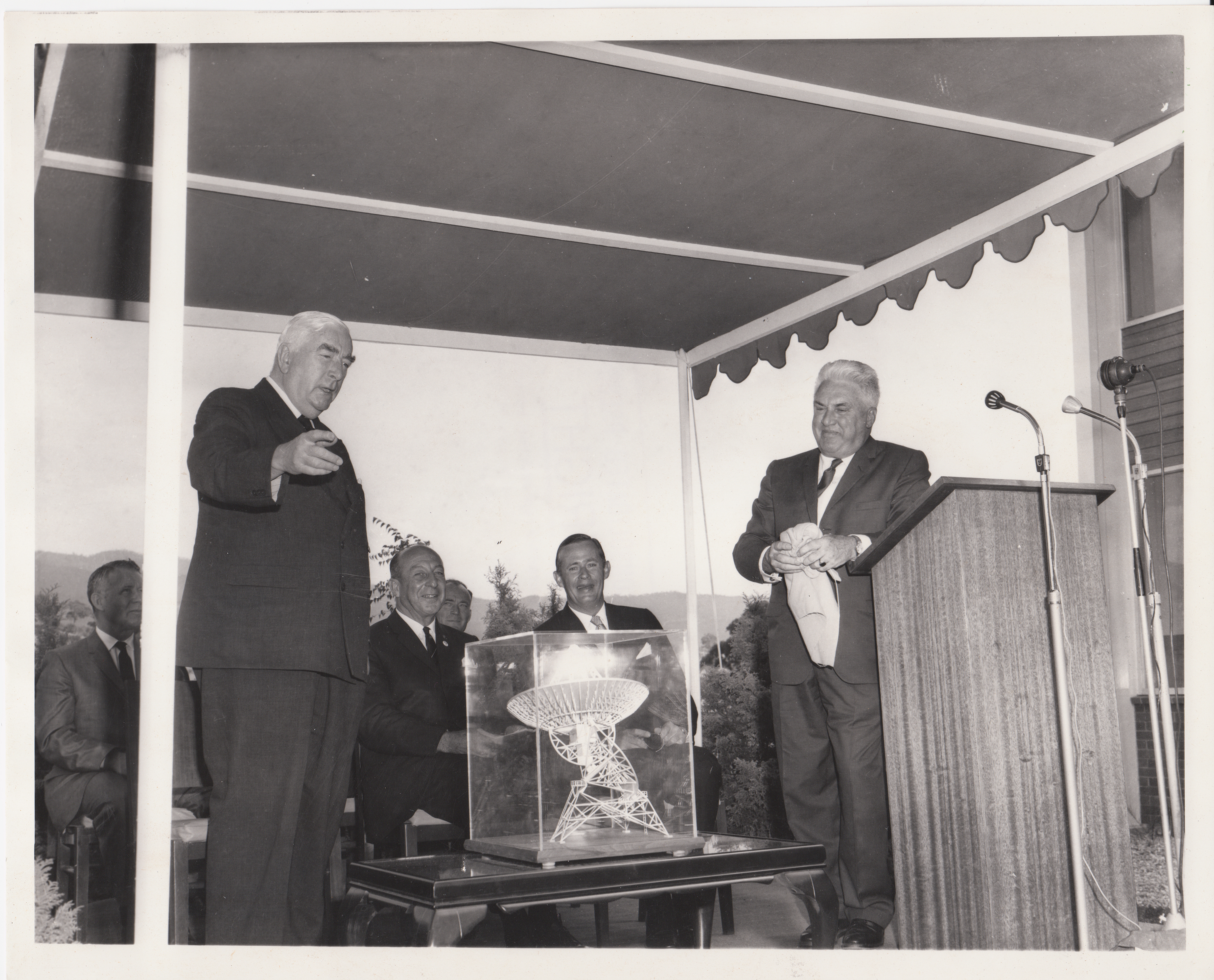 1965: Prime Minister Sir Robert Menzies is presented a model of a 26-m deep space station antenna at the opening of the Tidbinbilla Deep Space Instrument Facility, today known as the CDSCC.