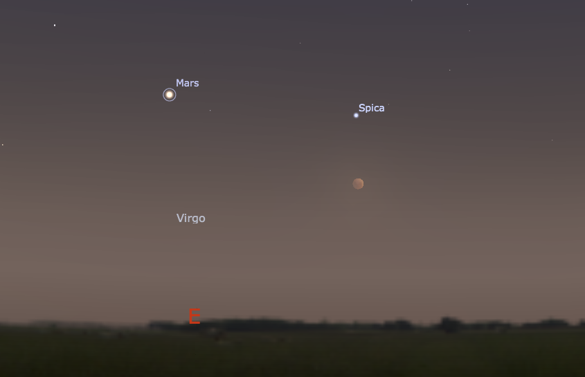 This screenshot from Stellarium shows the eclipsed Moon and Mars in the eastern sky near Sydney at 6pm, Tuesday 15 April 2014.