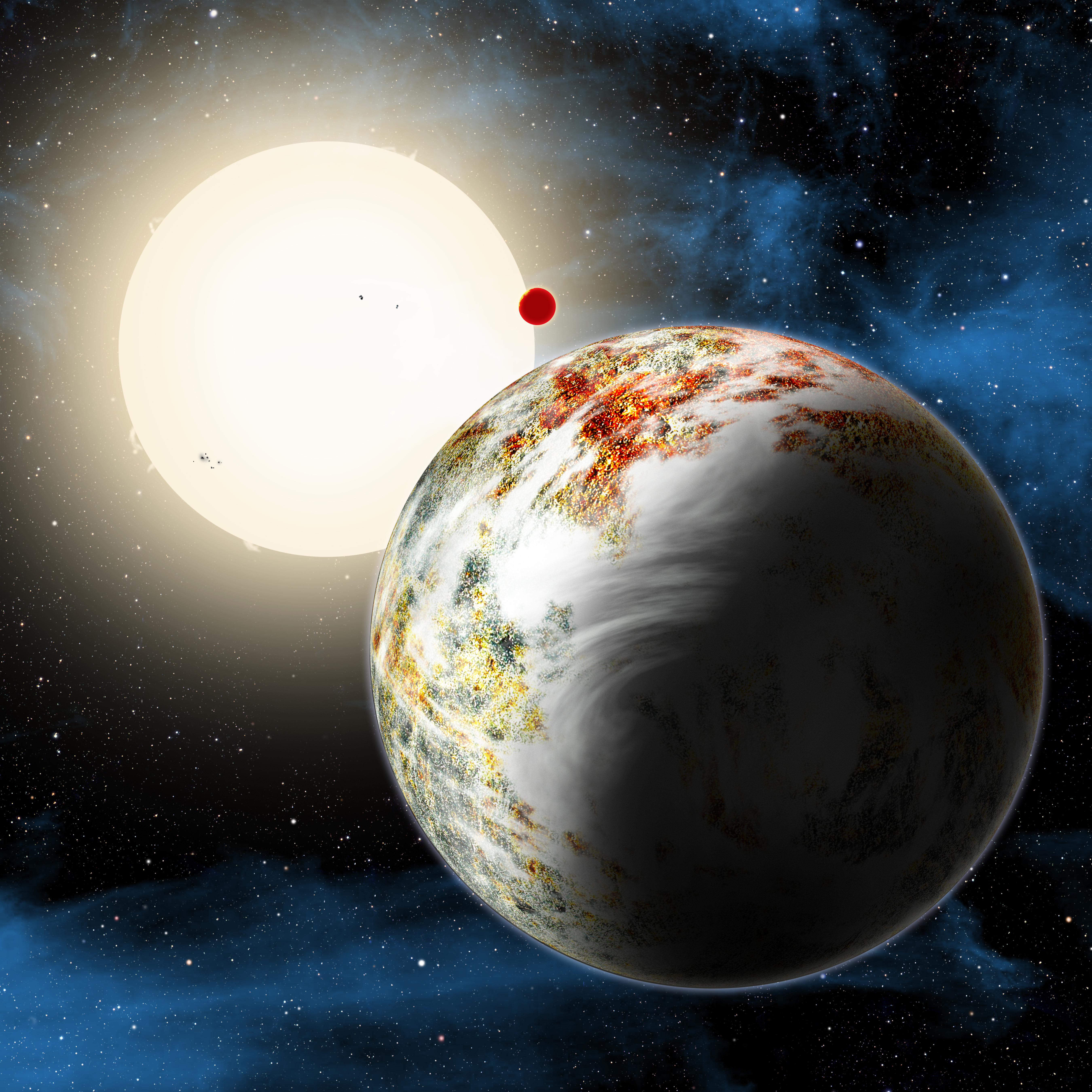 An artist concept shows the Kepler-10 system, home to two rocky planets. In the foreground is Kepler-10c, a planet that weighs 17 times as much as Earth and is more than twice as large in size. Image: NASA