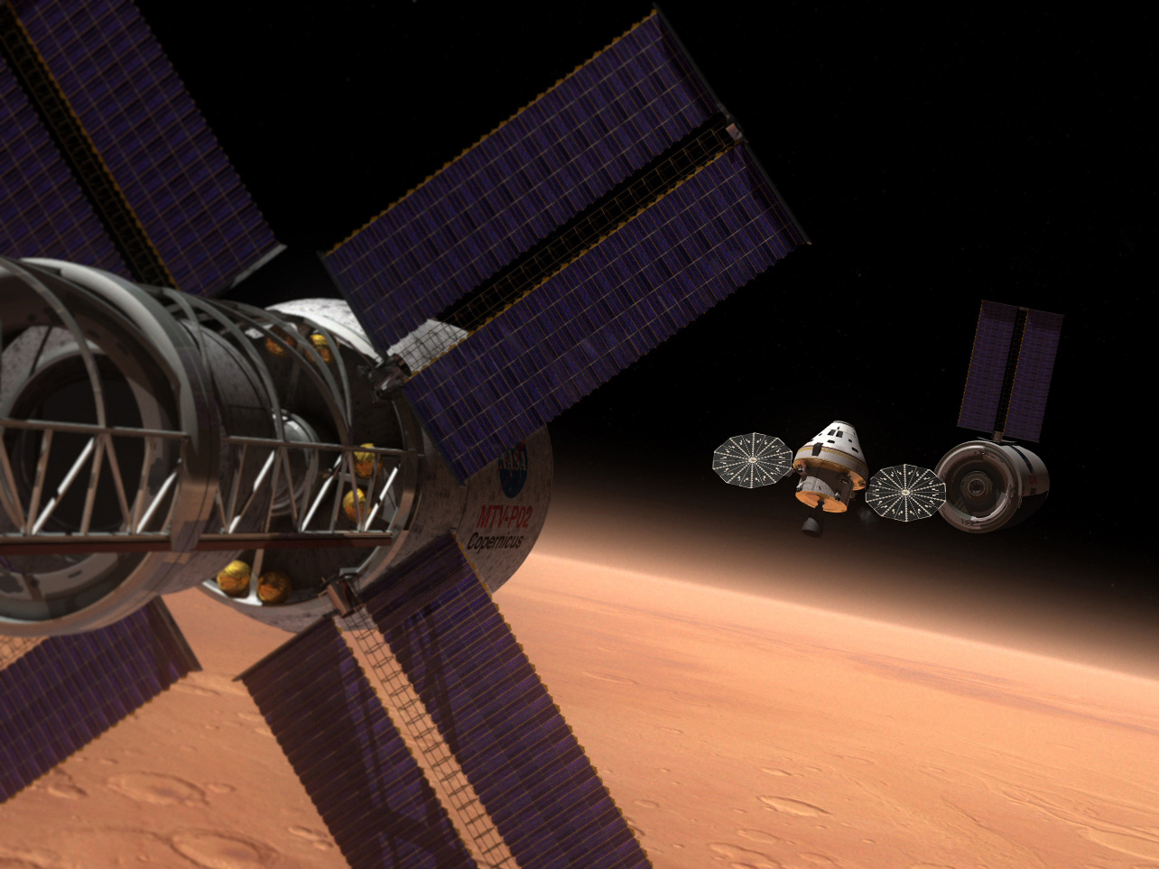 Concept art of the Orion capsule in Mars orbit. Image: NASA