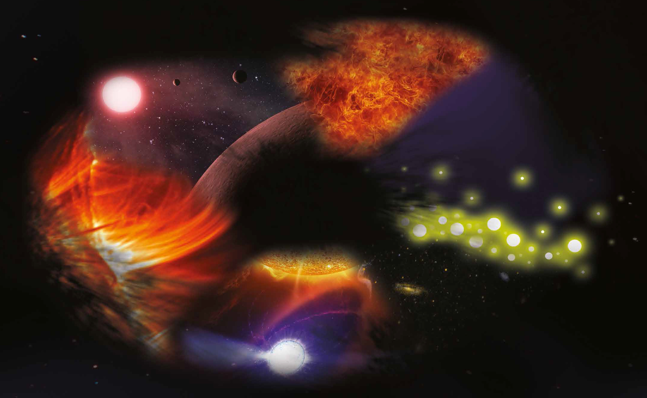 Black background with a mosaic of colourful images depicting the types of science to be done with the Square Kilometre Array. Background photo credit: Luigi Strano. Science image credits and acknowledgements: Djorgovski et al, (Caltech) (EoR image); Casey Reed (Pulsar image); NASA/JPL-Caltech/SSC (Galaxy evolution image-NGC 3190 Field); NASA/Stanford-Lockheed Institute for Space Research’s TRACE Team (Cosmic Magnetism image – Sun’s Corona); NASA/JPL-Caltech (Cradle of life image).