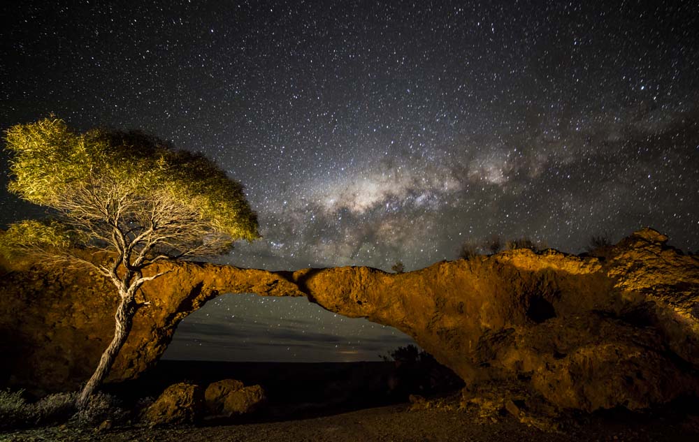 A rock formation that looks like a bridge, and a tree, in the foreground, and the starry night sky at the top of the image