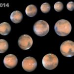 14 depictions of Mars - appearing as red-coloured circles - arranged in a spiral on a black background; text '2014' appears in the top left corner