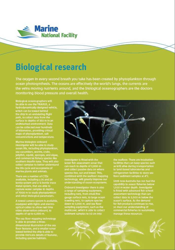 RV Investigator's biological research fact sheet