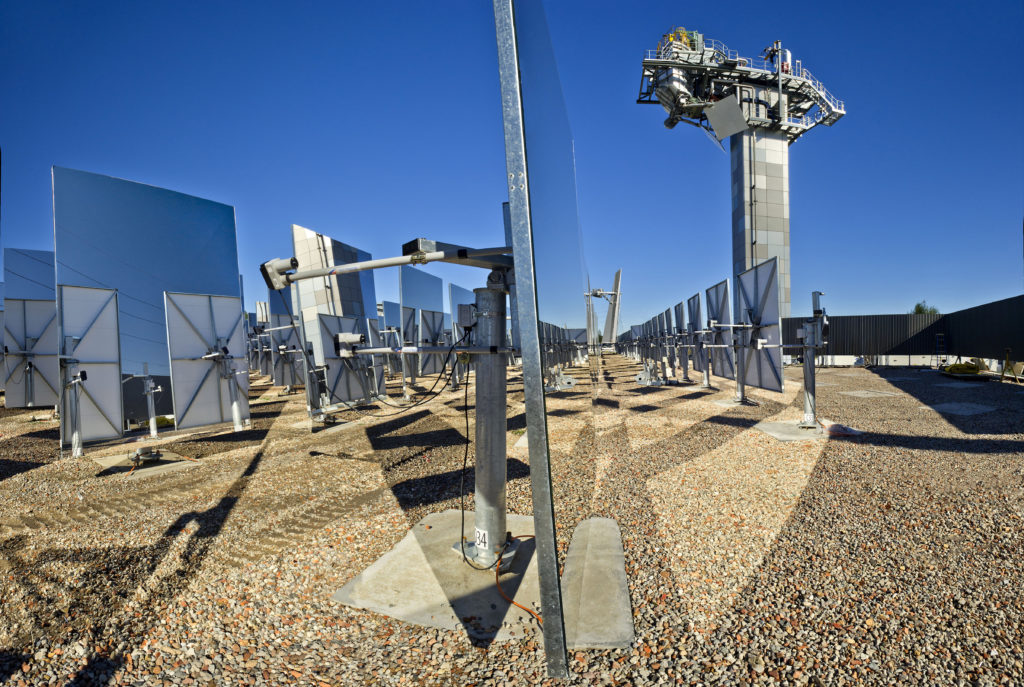 Mirrors reflecting the sun in the solar field