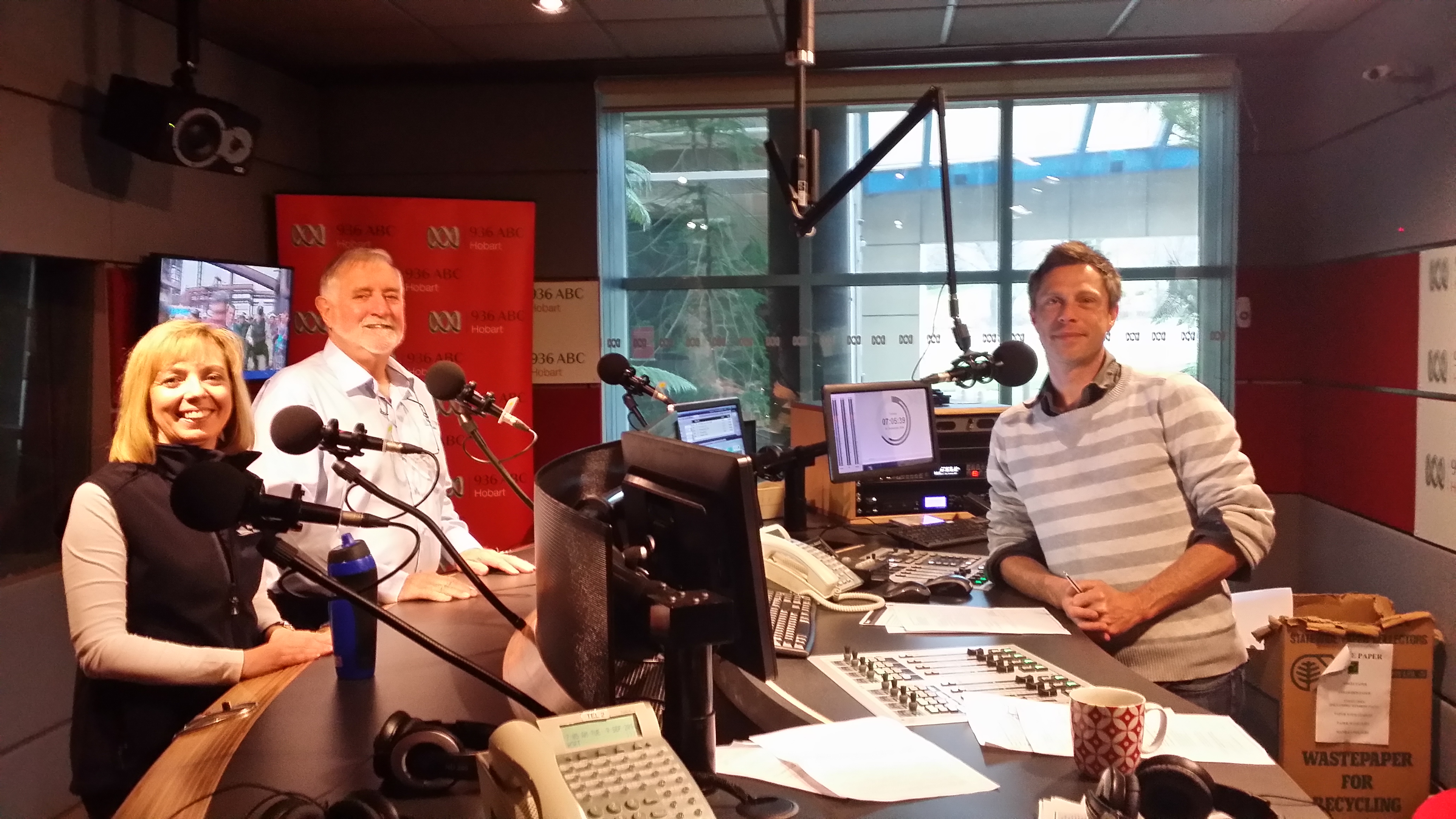Toni Moate, Dr Brian Griffiths and Ryk Goddard in the 936 ABC studios