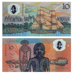 The first polymer banknotes. One side symbolised European settlement and the other, the original discovery and settlement of Australia 40–60,000 years earlier. RBA/Wikimedia Commons