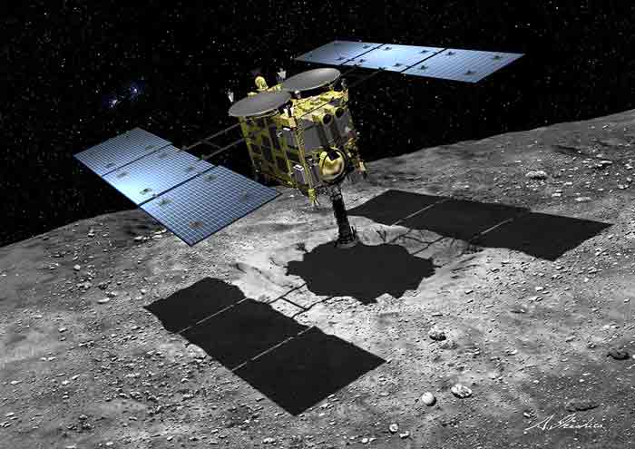 Hayabusa 2 touches down on the asteroid to retrieve samples. Image: JAXA