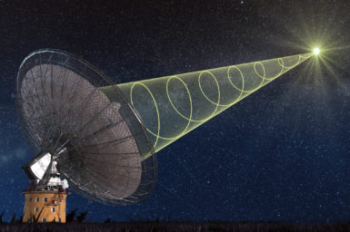 A radio antenna at night, showing a yellow graphic line spiralling into the dish from a flash of light in space; representative of receiving the polarised signal from the new 'fast radio burst' detected by CSIRO's Parkes radio telescope.