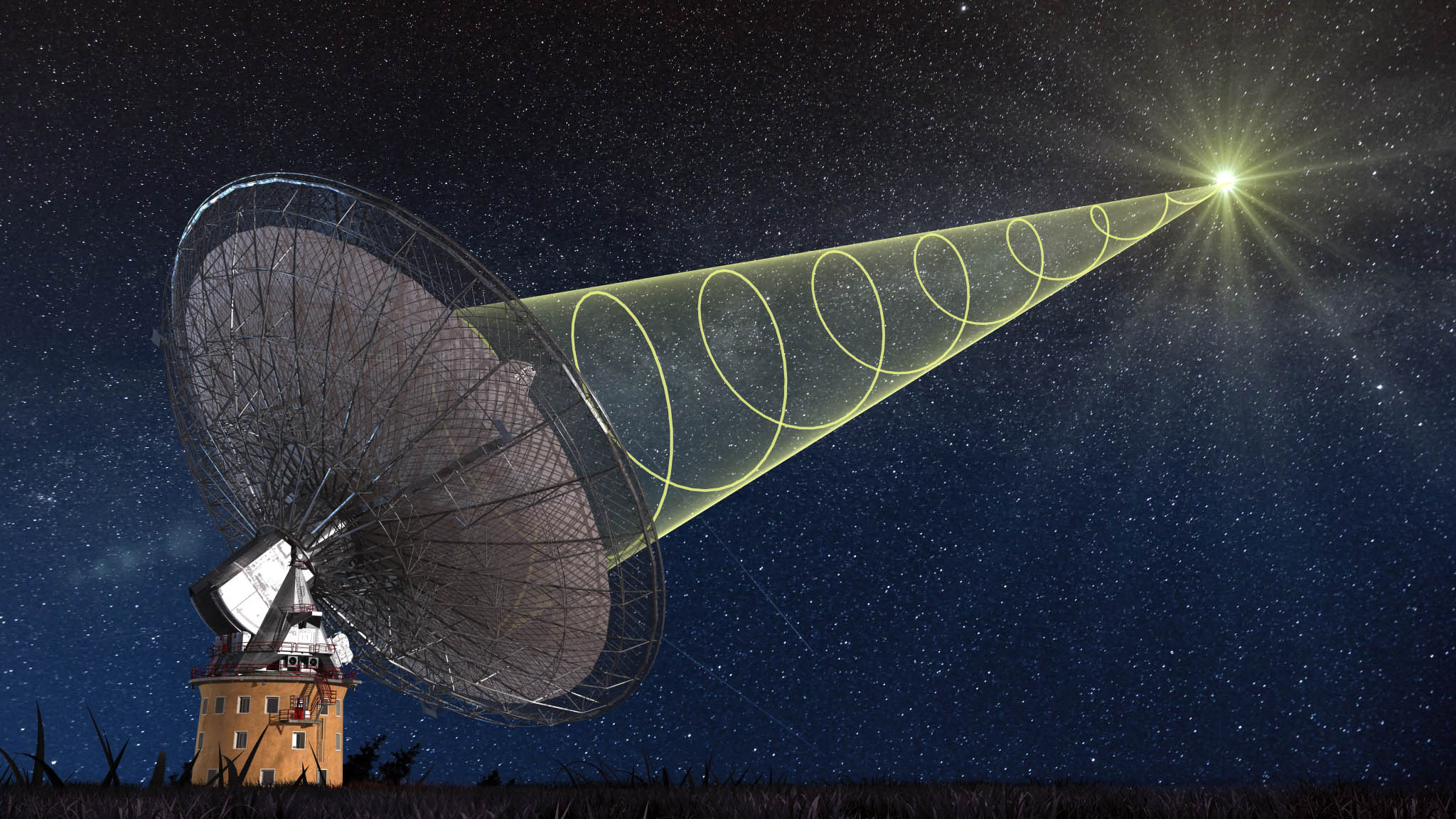 A radio antenna at night, showing a yellow graphic line spiralling into the dish from a flash of light in space; representative of receiving the polarised signal from the new 'fast radio burst' detected by CSIRO's Parkes radio telescope.