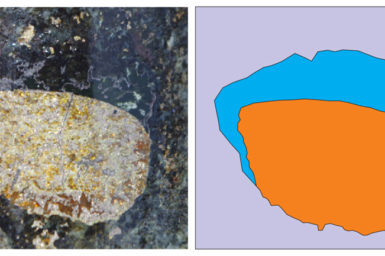 Sections of rock showing solidified suflide liguid droplet attached to a gas bubble now infilled with silica