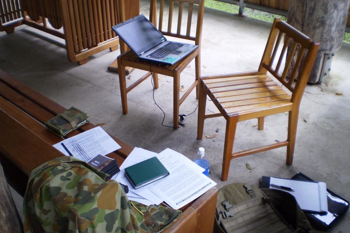 A miltary psychologist’s interviewing set-up in an open-air chapel.
