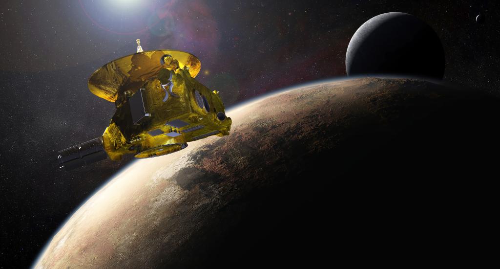 Historic Encounter: Artist's concept of the New Horizons spacecraft flying past Pluto and Charon. Image: NASA