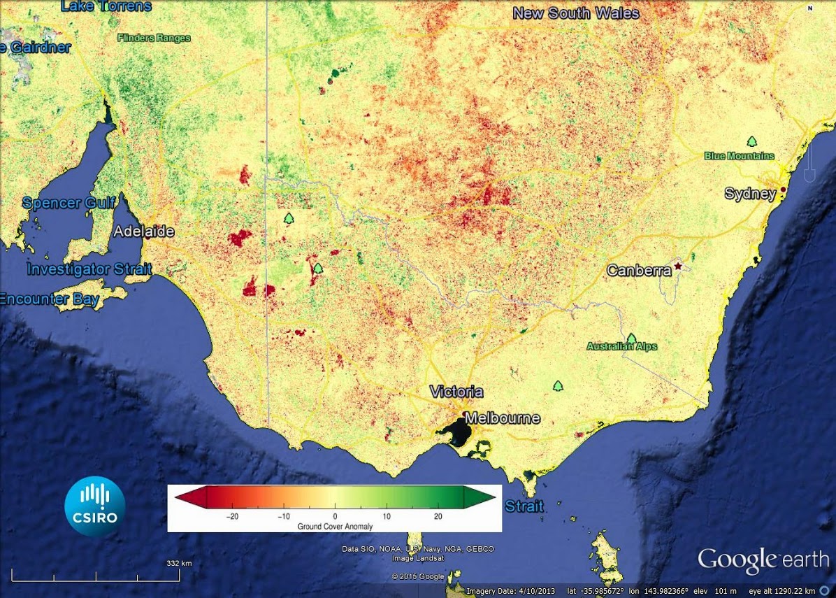 The maps show the ground cover anomaly in April 2015. The red ares indicate low ground cover, meaning the soil is more exposed and prone to erosion.